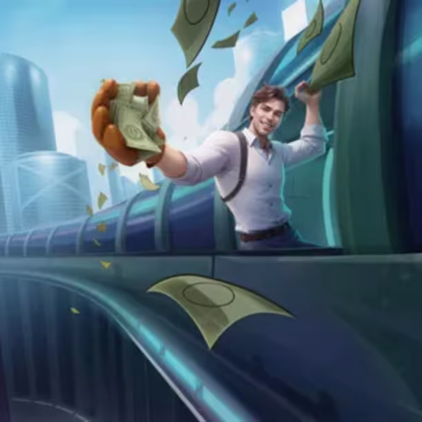A smiling man in a white shirt and suspenders standing inside a futuristic glass tunnel, joyfully throwing cash bills into the air