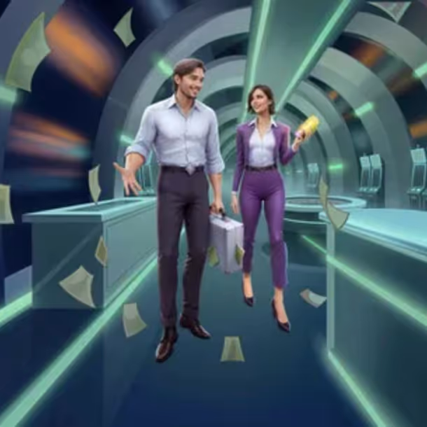 A stylish man and woman in formal clothes walking confidently through a glowing, futuristic tunnel with floating cash around them