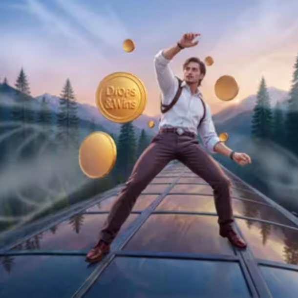 an balancing on a transparent glass path surrounded by floating golden coins in the sky