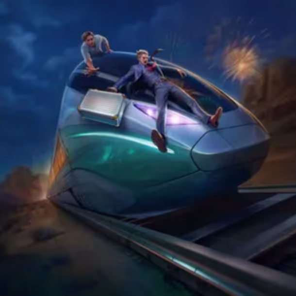 Two men in business attire riding on top of a high-speed futuristic train under a glowing night sky